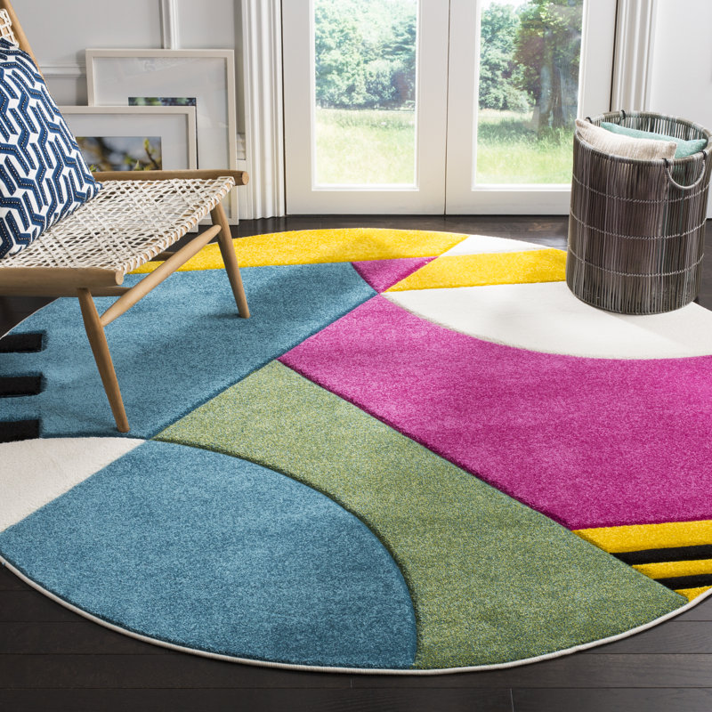 Tapis bleu paon / fuchsia à motif abstrait Menelaus, Rond 10 pi