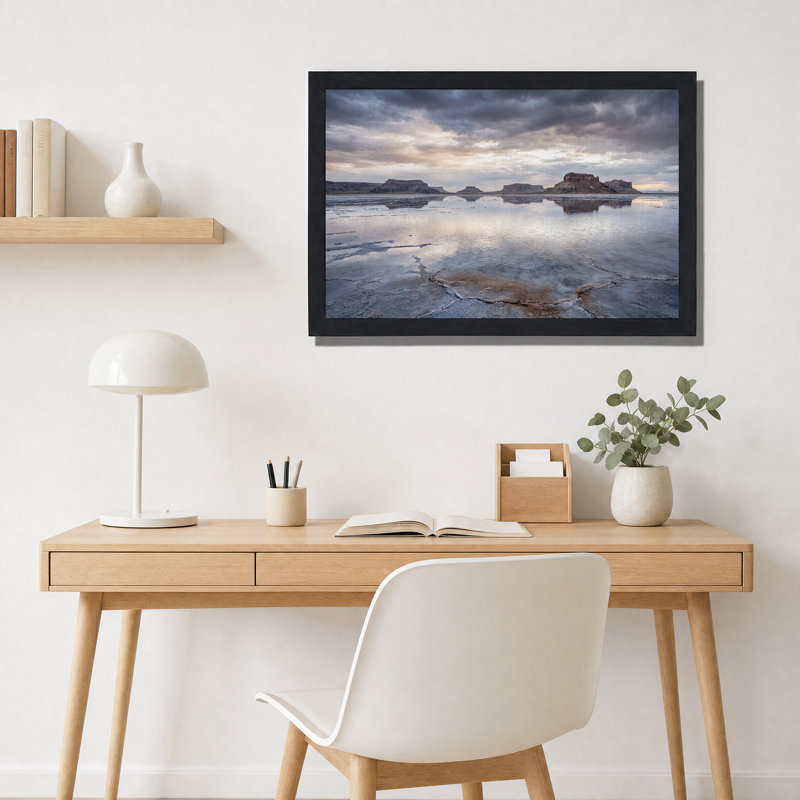 Mesa Reflections on Salt Flat Under Cloudy Sky Canvas Wall Art, 12"H x 18"W