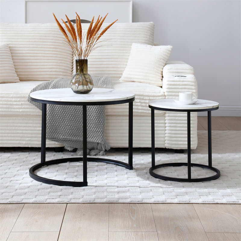 Ensemble de 2 tables basses circulaires à motif rond en marbre et en bois, Blanc, Noir