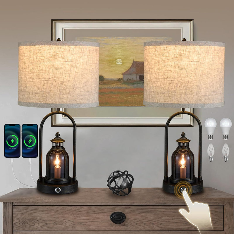 Farmhouse Lantern Table Lamps Set Of 2 With Dimmable Touch Night Light, USB Charging Ports, And Included LED Bulbs For Living Room, Bedroom, Or Office