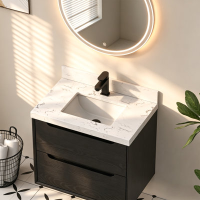 30" White Engineered Stone Vanity Top With Rectangular Ceramic Sink And 4" Backsplash