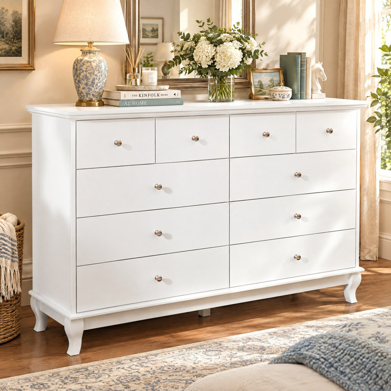 Commode double 10 tiroirs l 55,1 po Philomena, Blanc / argenté