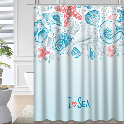 Waterproof Sea Shell Star Art Aquarium Sketch Shower Curtain with 12 Hooks