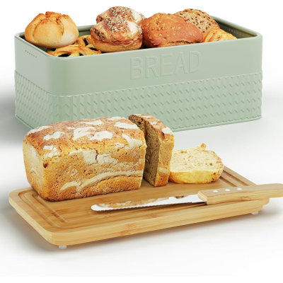 Boîte à pain pour comptoir de cuisine, bac de rangement pour pain en métal avec couvercle en planche à découper en bambou, couteau à pain inclus, convient au levain et aux petits pains, organisateur élégant