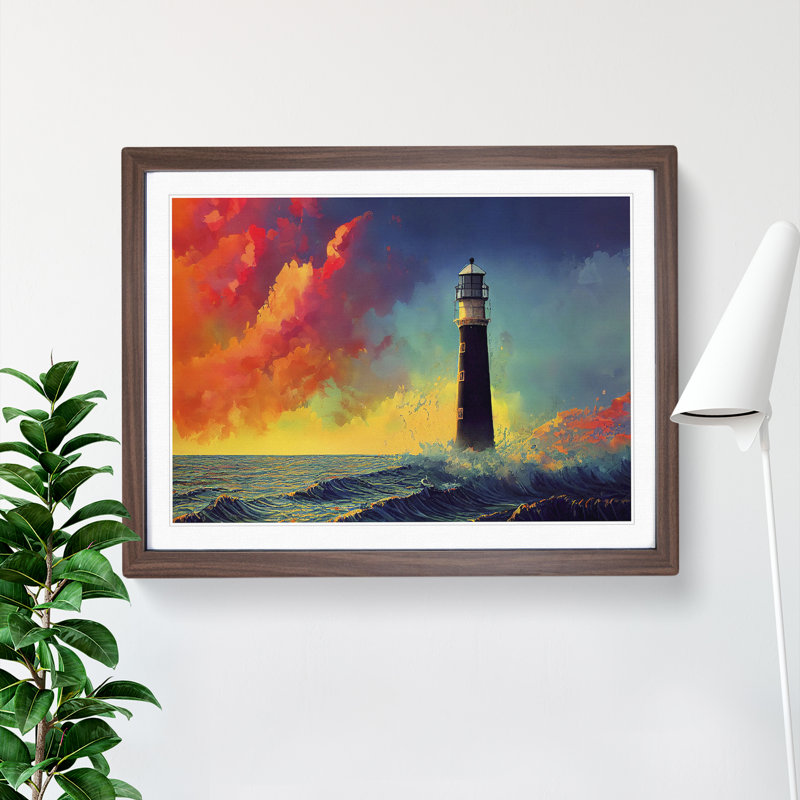 Sculptured Lighthouse - Single Picture Frame Painting, 46cm H x 64cm W x 2cm D, Walnut 