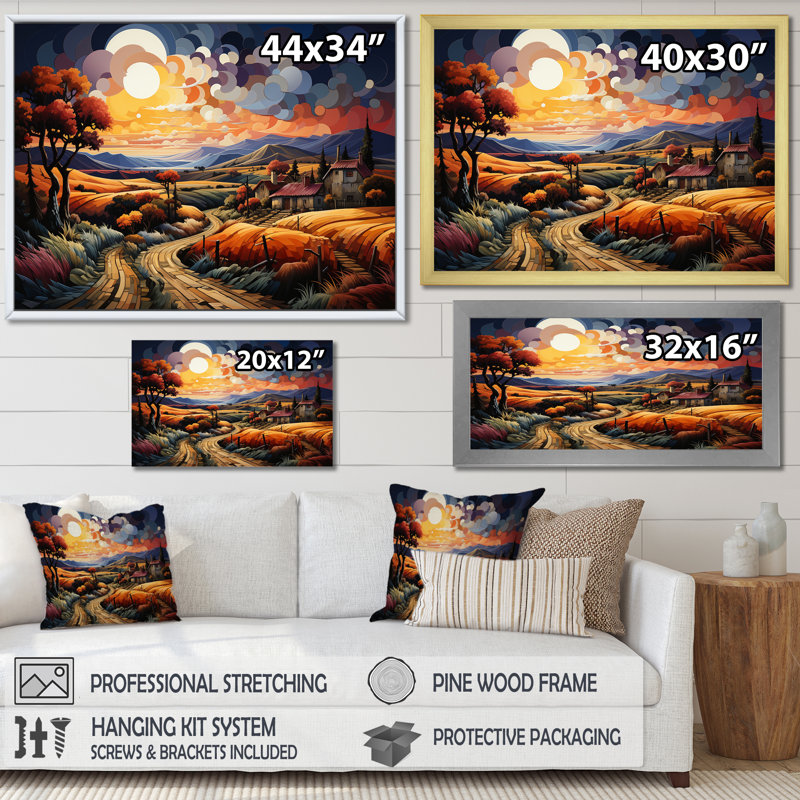 Paysage cubique en campagne - reproduction sur toile, Cadre flottant noir, H 34 po x l 44 po x P 1,5 po