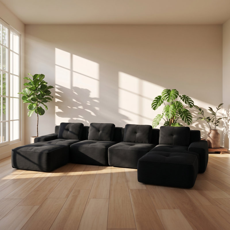 Canapé modulaire 4 places en velours côtelé l 150,4 po x P 69,7 po x H 27,1 po Ailuridae, Black
