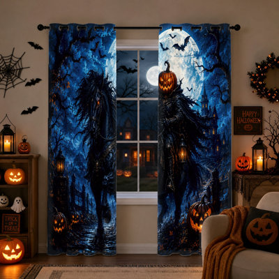 2Pcs Spooky Halloween Blackout Curtains, Dark Blue Gothic Horse and Pumpkin Man Print, Light Blocking Thermal Insulated Noise Reducing Window Drapes for Bedroom Living Room Home Decor