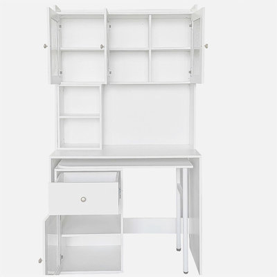 Computer Desk with glass door for Home Office or Study desk,  Bookshelf & Hutch, Computer Desk with 90 Degree Rotating Desktop,Large Working Space