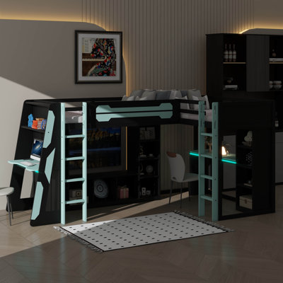Twin-Sized L-Shaped Loft Bed With Built-In Desks, Wooden Gaming Bed Frame With Leds, USB Ports, TV Bracket And Ample Storage