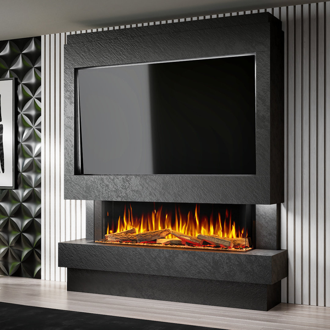 Evolution Fires Pre-Built Media Wall Package 10, finished in textured Venetian Plaster, includes Advance Series 1300 3-Sided Electric Fireplace