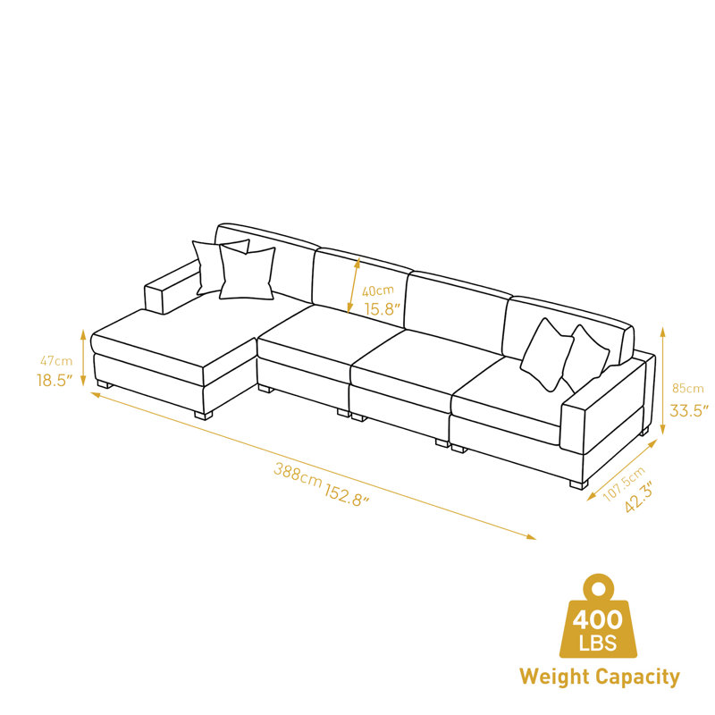Canapé modulaire en velours côtelé 4 pièces-R, Velours côtelé bleu marine, H 33,2 po x l 150,8 po x P 63 po