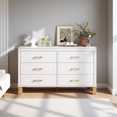 Commode double à 6 tiroirs, armoire de rangement moderne avec poignées en métal et pieds en bois massif, organisateur de tiroir pour chambre d'enfant, commode en bois robuste avec préinstallé