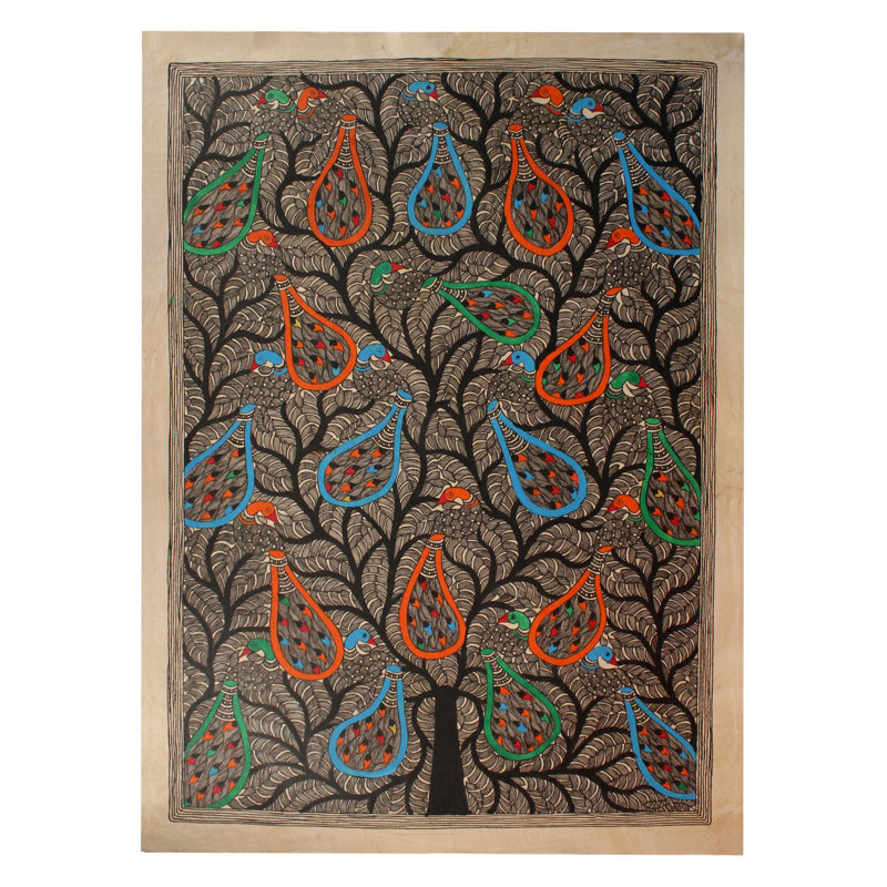 Arbre plein de paons | Peinture Madhubani | Couleurs naturelles sur papier fait à la main