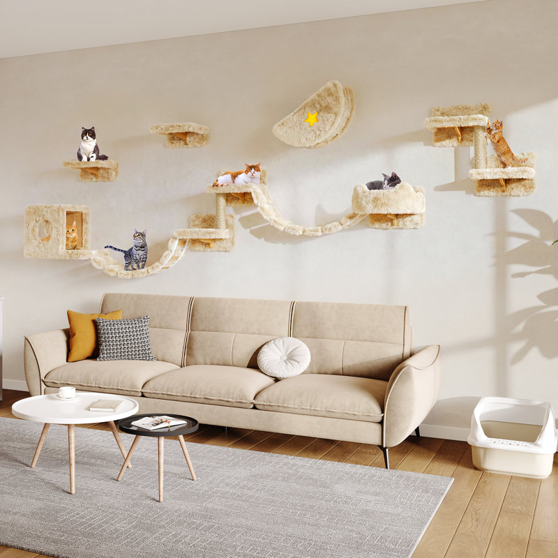 Ensemble de 13 étagères murales pour chat, comprenant un condo pour chat, un lit pour chat et un arbre à chat., Beige