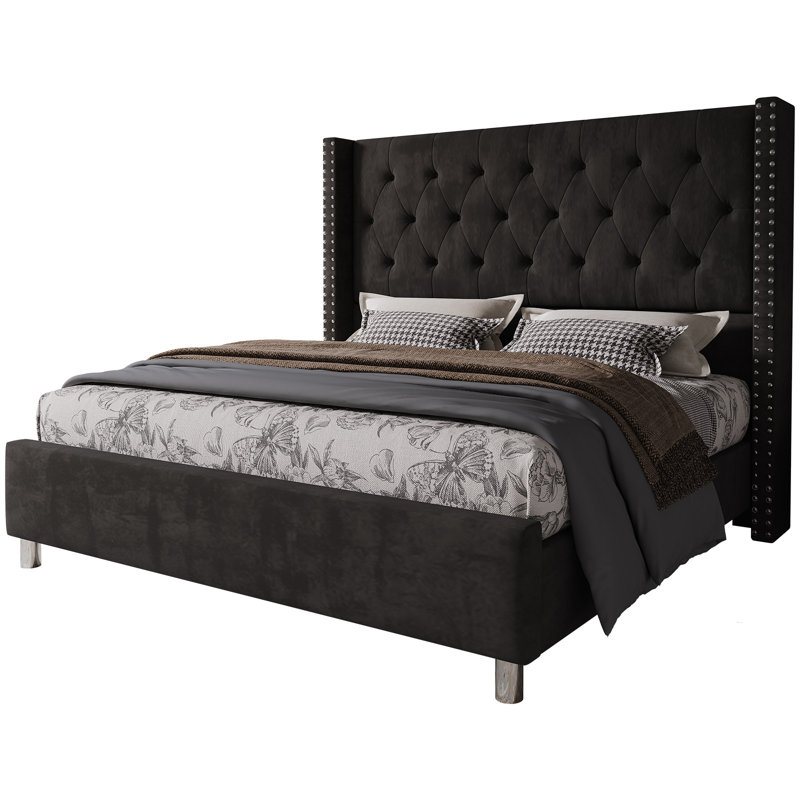 Duluth Upholstered Wingback Bed, Queen, Black