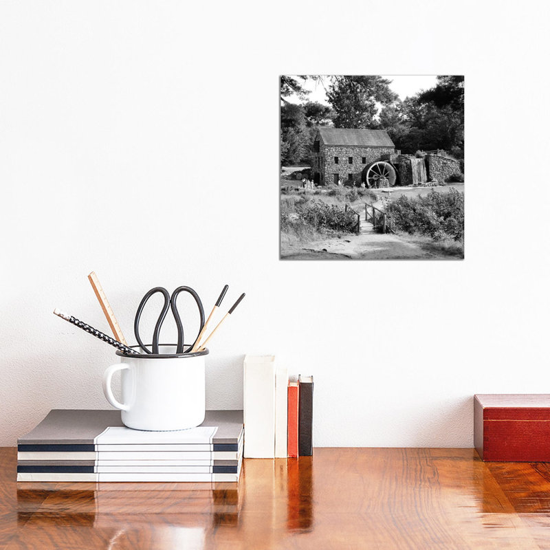 1960s People Tourists Visiting Rustic Grist Mill with Stone Structure Waterfall and Waterwheel Sudbury Massachusetts USA 1 Piece Wrapped Canvas Wall Art