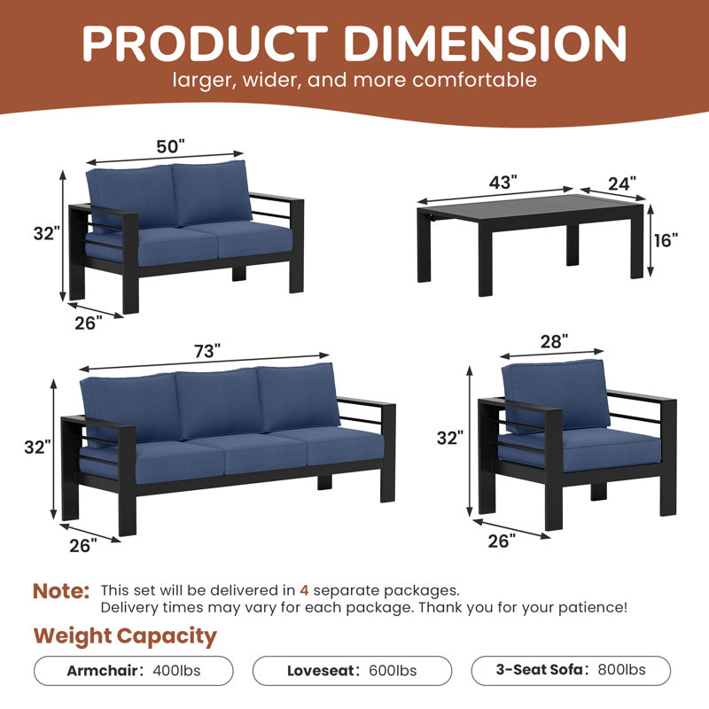 Ensemble de conversation pour patio pour 7 personnes avec coussins, Blue Cushion/Black Frame
