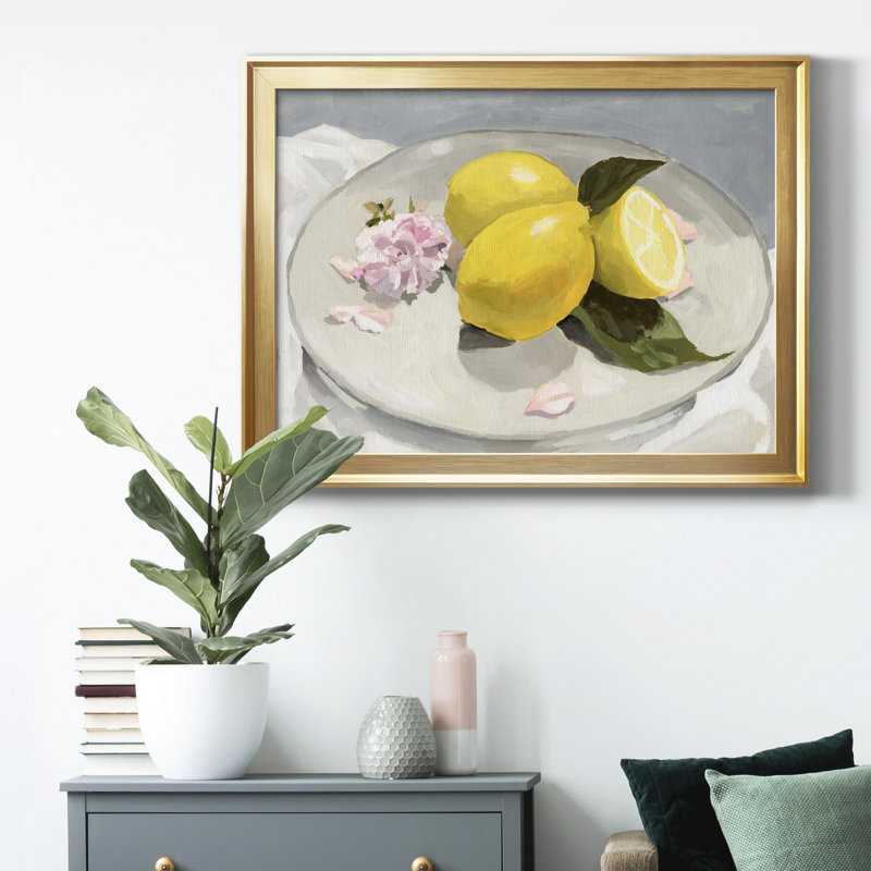 Citrons sur une plaque II - peinture sur toile encadrée, Cadre doré, H 18,5 po x l 24,5 po x P 1 po