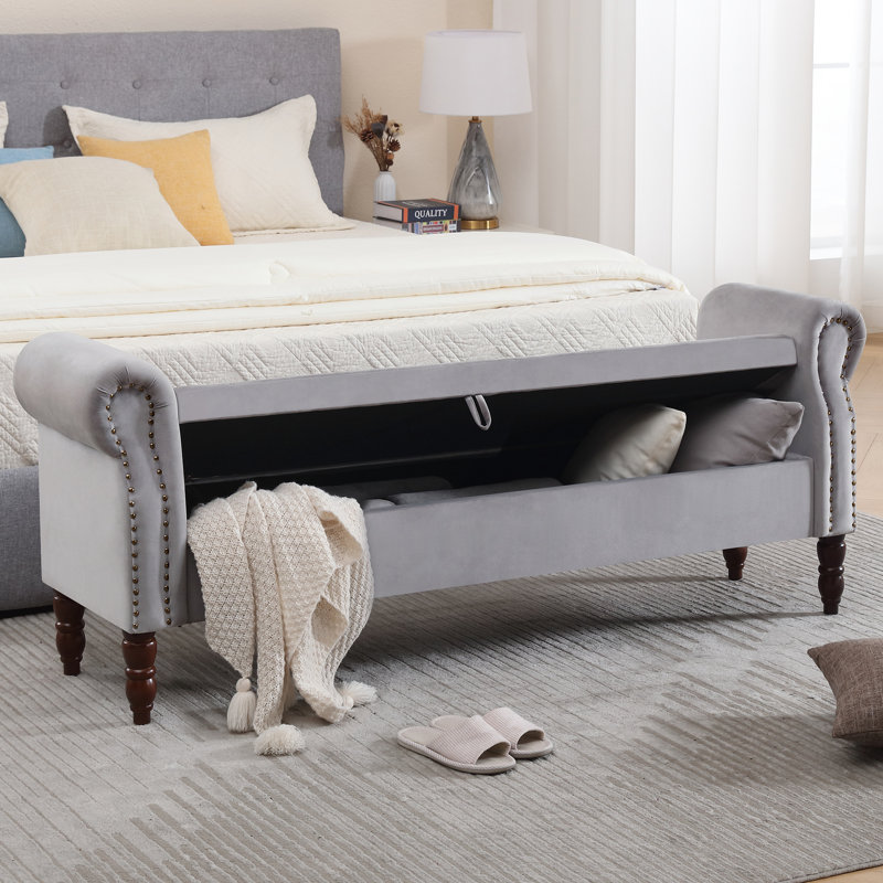 Minaal Velvet Upholstered with Arms Storage Bench, Gray, 26.4'' H X 66.9'' W X 16.9'' D