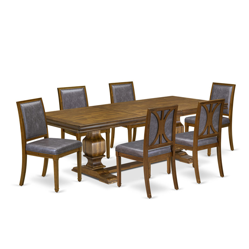 L'ensemble de salle à manger 7 pièces se compose d'une table et de 6 chaises de cuisine en similicuir gris foncé avec dossier haut - finition noyer antique
