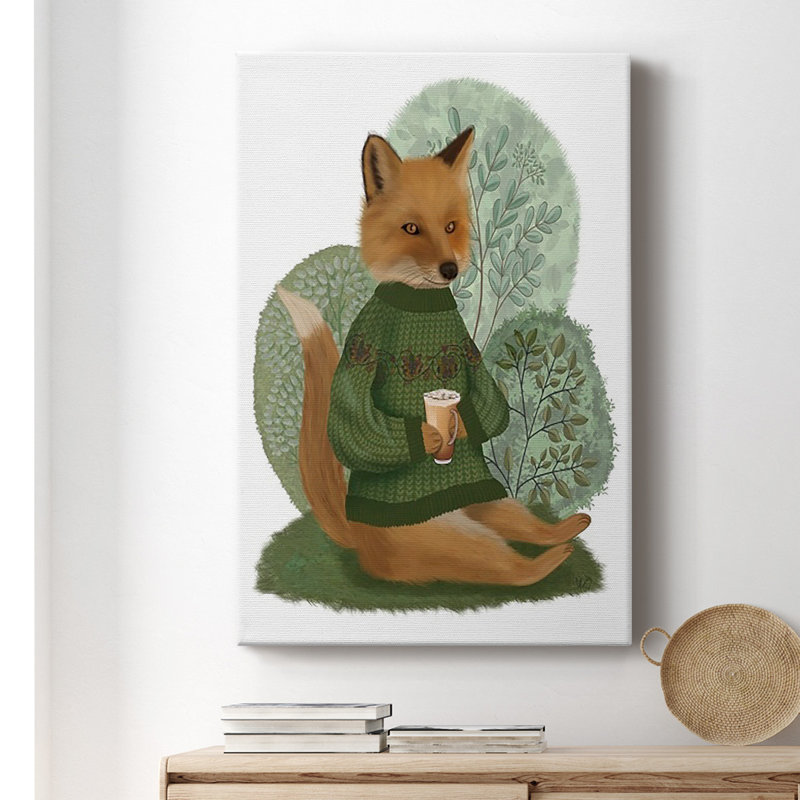 Latte renard dans un chandail sur toile de qualité supérieure - Prêt à accrocher, H 36 po x l 24 po x P 1 po