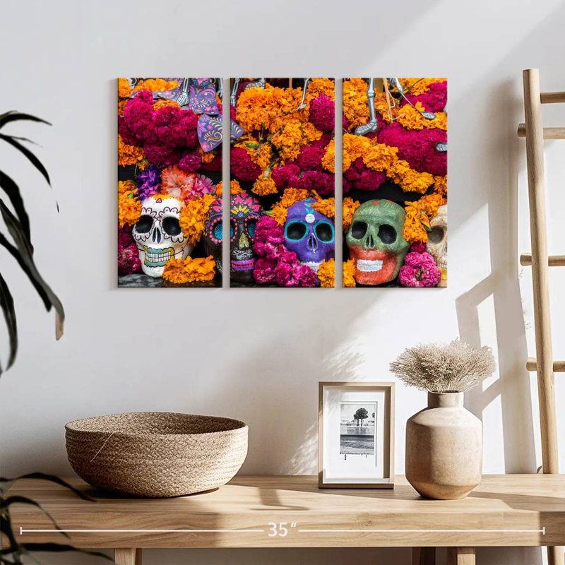 Lelend fleurs et crânes en sucre, H 28 po x l 45 po