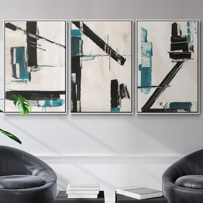 Ensemble de 3 pièces encadrées sur toile "Geometric Notes II", H 36 po x l 72 po, Blanc