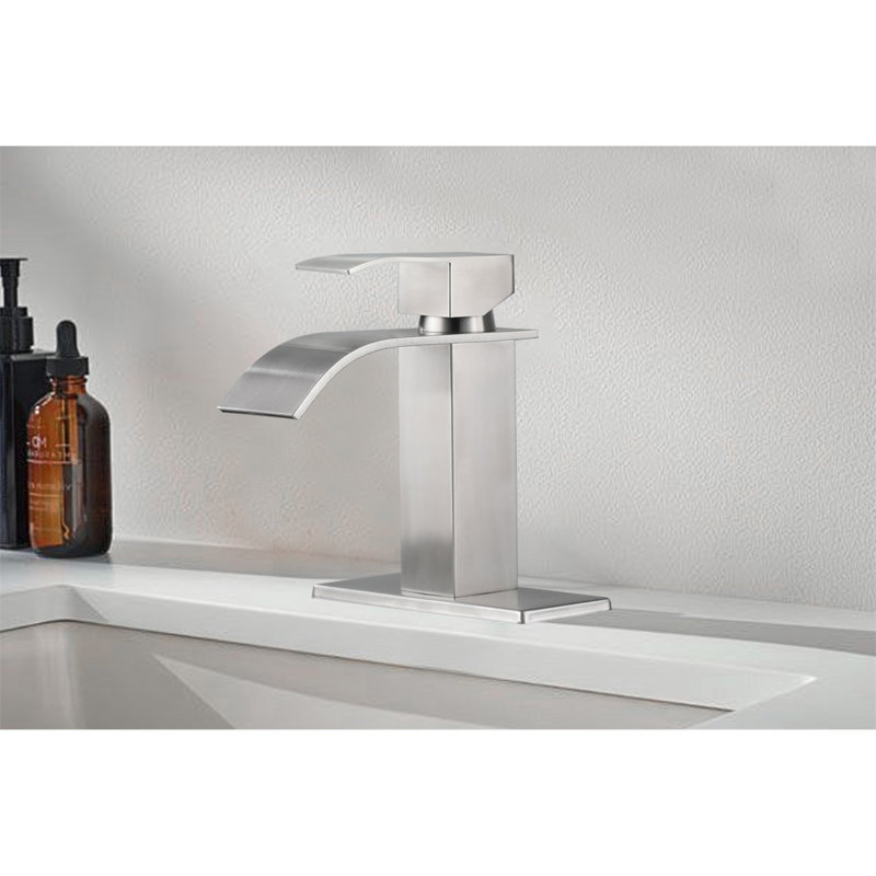 Robinet de lavabo pour salle de bain à poignée simple Waterfall Spout, Nickel brossé