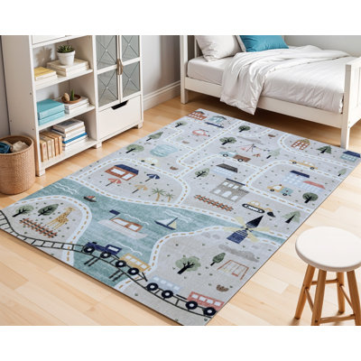 8' X 11' Gray Brown and Blue Juvenile Transportation Youthful Area Rug