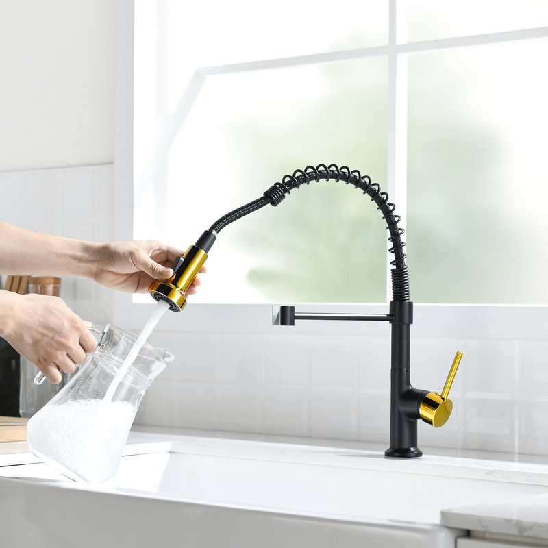 Robinet de cuisine avec douchette rétractable en noir et or - fournit une solution pratique pour le jet de votre évier, offre un débit d'eau efficace, un nettoyage facile et rapide