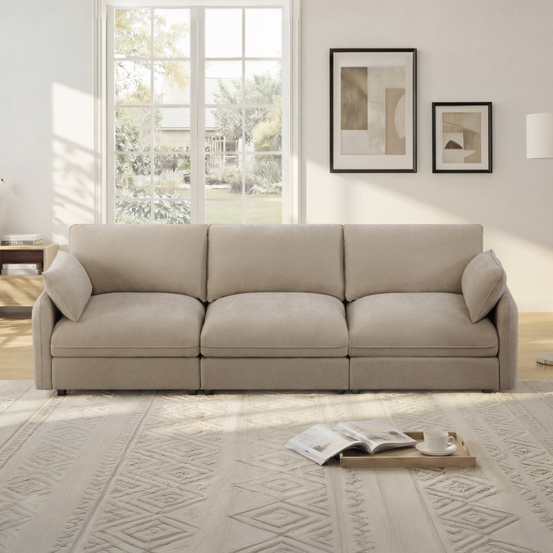 112" Modern Upholstered 3-Seater Sofa, Khaki