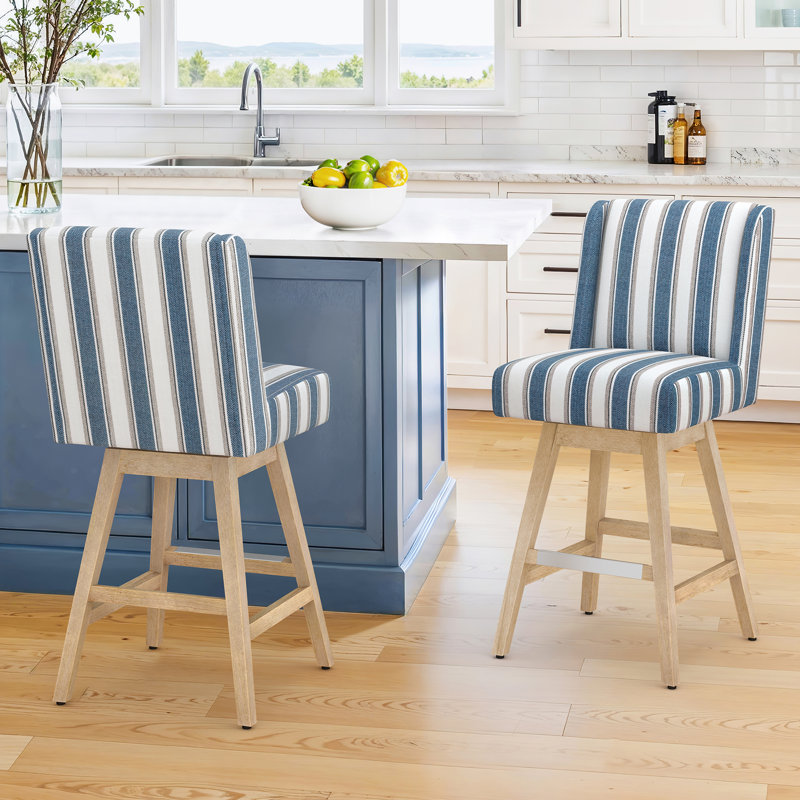 Tabouret de comptoir pivotant rembourré Kamiyla, Siège en polyester bleu / blanc / structure en bo