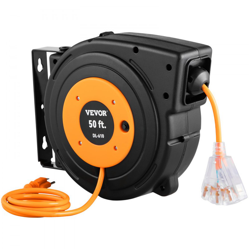 50ft Retractable Extension Cord Reel 14AWG/3CSJTOW Power Cord Reel