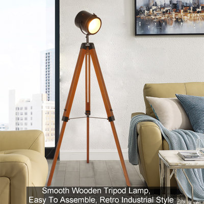 Lampe trépied rétro avec lampe de lecture et pieds en bois
