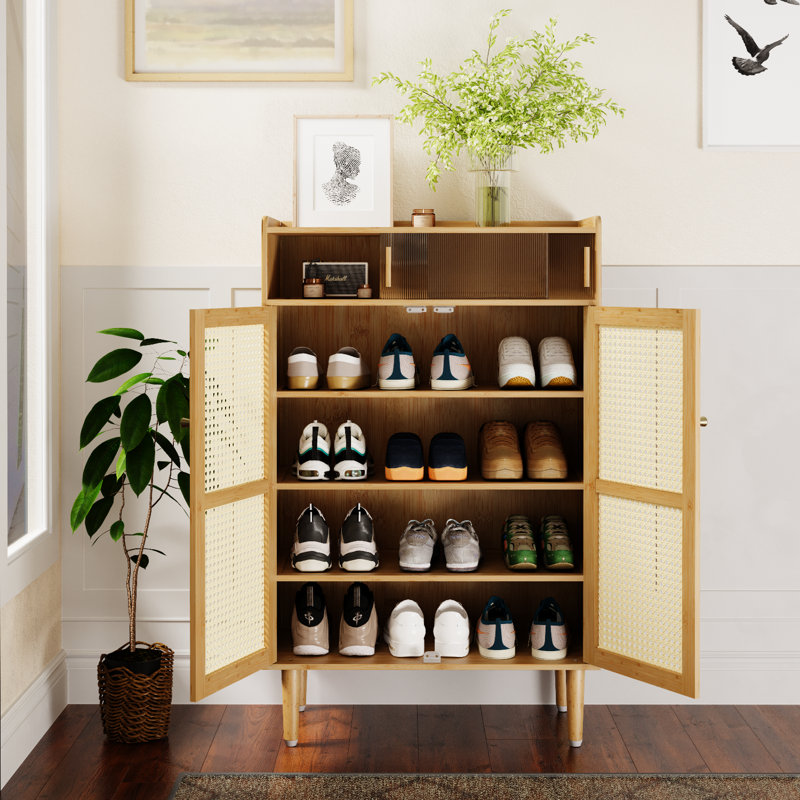 Shoe Storage Cabinet Free Standing Large Capacity Rattan Shoe Storage Organizer