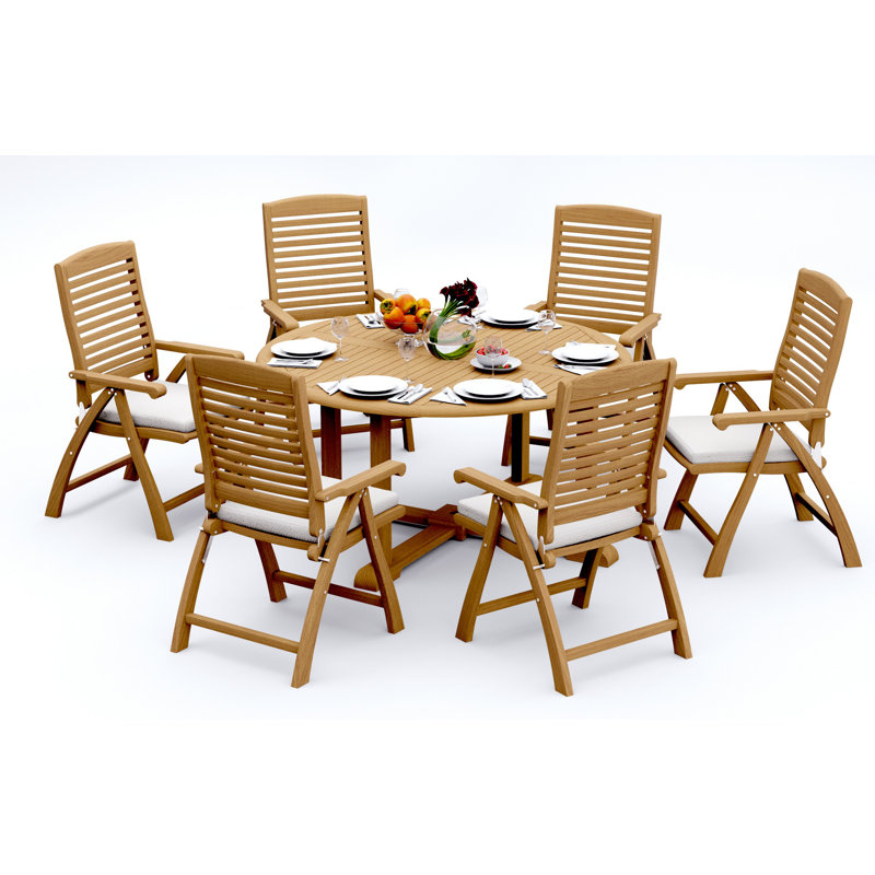 4 Seats 5 Pcs Grade-A Teak Wood Dining Set: 60" Round Table And 4 Ashely Folding Reclining Arm Chairs #11AS1204, 6