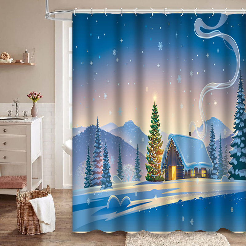 Rideau de douche à neige avec 12 crochets Winter Forest House Trees Christmas, L 72 po x l 78 po