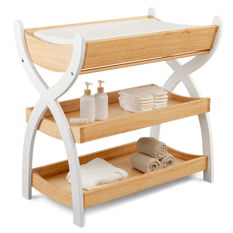 Comfy Cubs Baby Changing Table - Sturdy Wood Construction with Two Open Shelves for Infant Essentials Storage, Natural/White