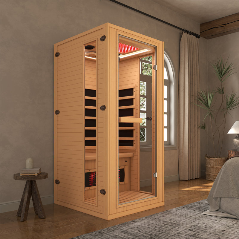 1-Person Infrared Sauna with Red Light Therapy - Full Spectrum Home Sauna with Rapid Heating, 4 Carbon Panels & 1 Carbon Tube, Oxygen Bar, and 7 Color Therapy Lights, 110V