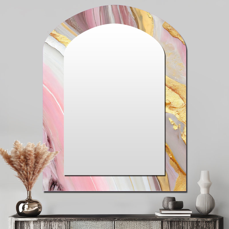 Pink And Gold Marble Abstract III - Marble Arch Decorative Mirror, Modern Asymmetrical Large Wall Mirror, Printed Metal Art