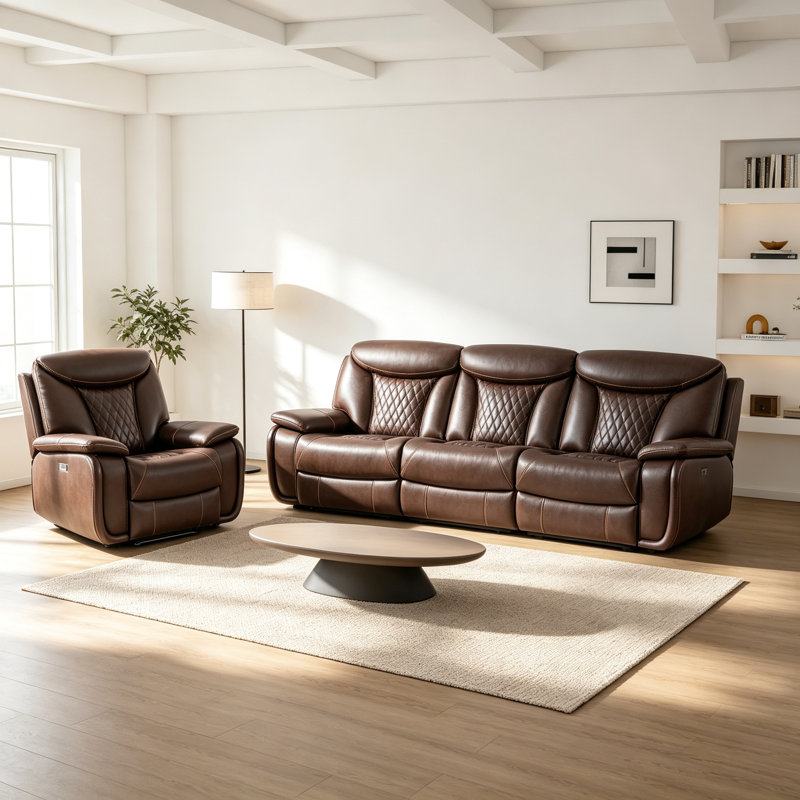 Ensemble de salon inclinable électrique en cuir 2 pièces avec coutures en losange, Similicuir espresso classique