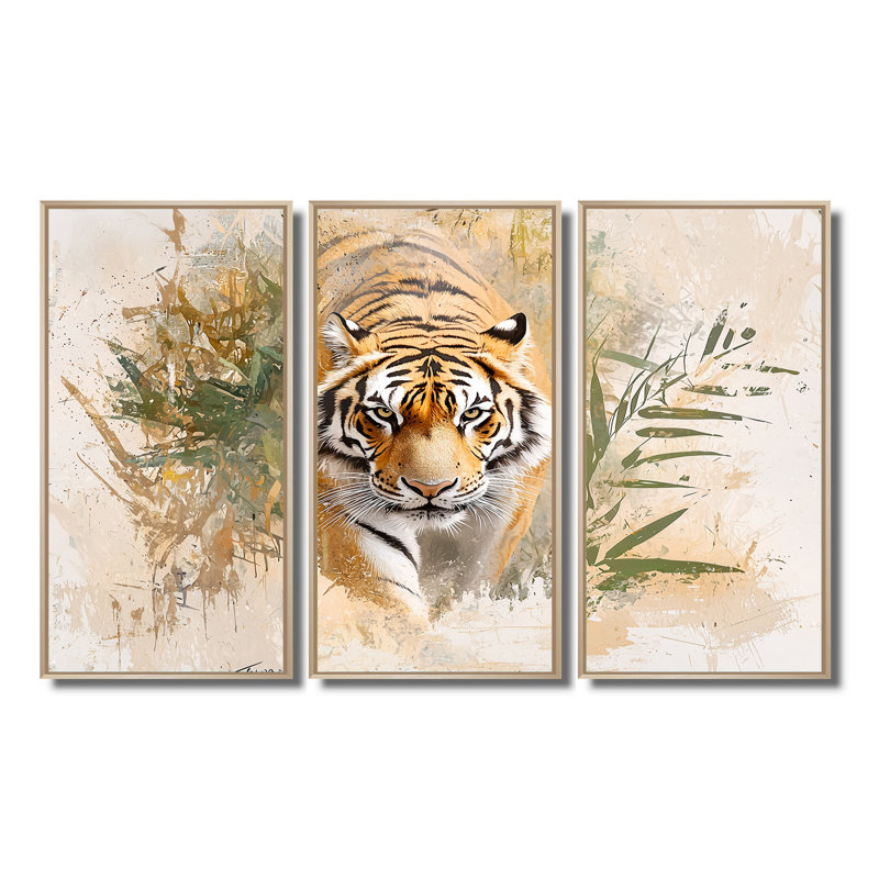 Tigre dans la forêt tropicale I - ensemble d'art mural tigre, H 32 po x l 48 po, Reproduction avec cadre flottant, Naturel
