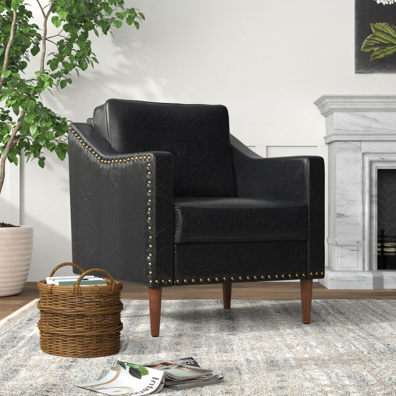Almetia Vegan Leather Armchair with Solid Wood Legs, Black Faux Leather