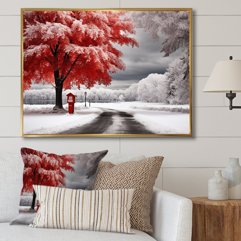 «Red and White Winter Silent Symphony I», reproduction sur toile, H 16 po x l 32 po x P 1 po, Cadre flottant doré