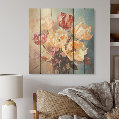 Tulipes Bouquet Still Life I - Tulipes, panneau mural en bois sur bois de pin naturel
