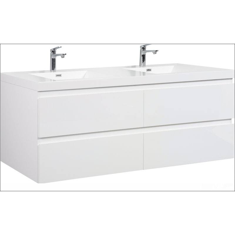 Meuble-lavabo mural 72 po avec lavabo 72 po, lavabo mural moderne avec lavabo en résine et 4 tiroirs à fermeture en douceur, blanc brillant 24V11-72GW