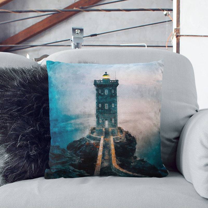 Lighthouse in Le Conquet France Painting Cushion with Filling, 40cm H x 40cm W x 15cm D, Black