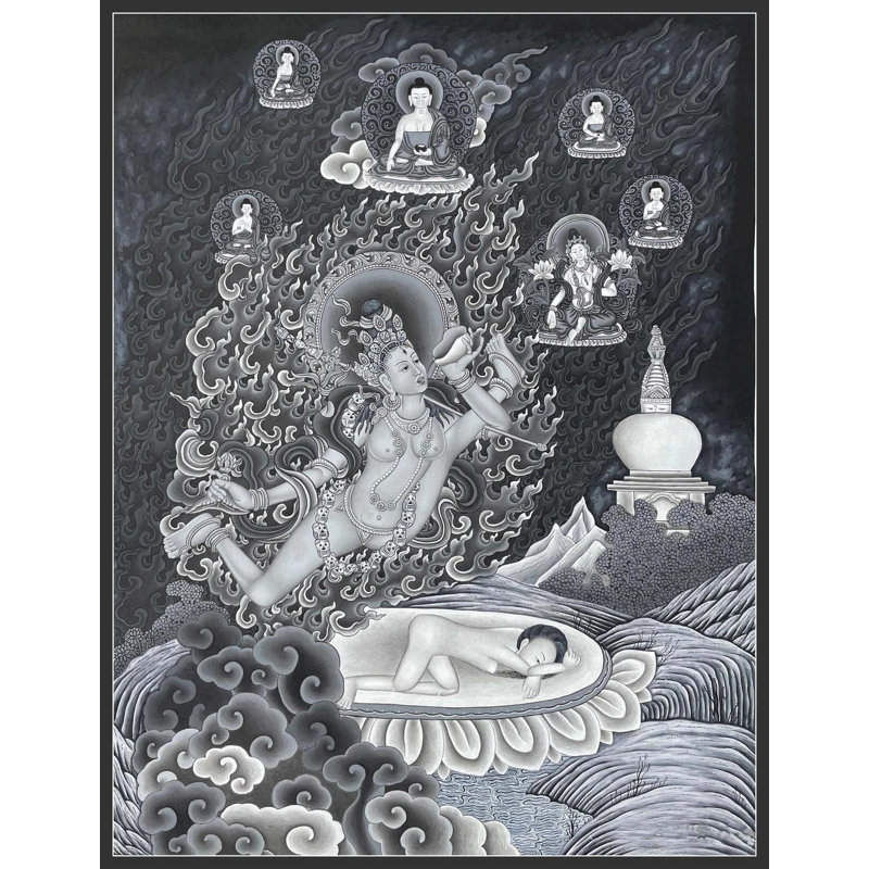 Aakash Yogini ou Vidyadhari dans un style Nevari Thangka | Gouache et couleurs acryliques sur toile de coton