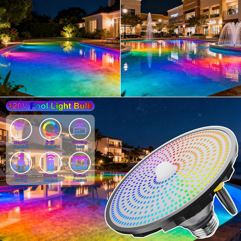 Ampoule 70W à DEL RVBW pour piscine, 12 modes de couleurs, vitesse de luminosité réglable, télécommande E26, base à DEL pour piscine creusée